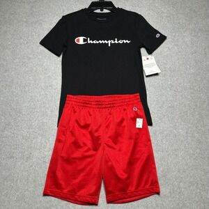 Champion Boys 2-Piece Set Black Graphic T-Shirt Red Mesh Shorts Sz Small (8)